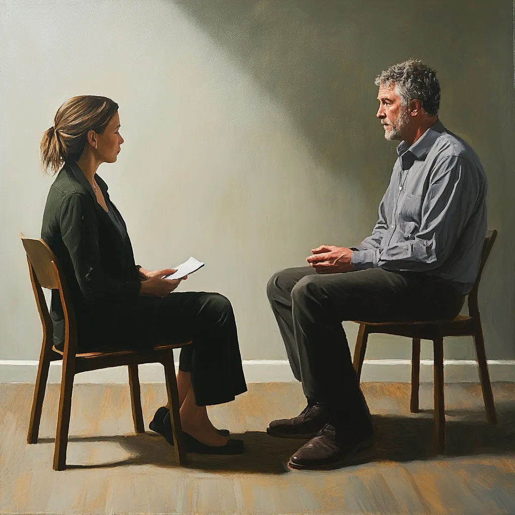 Making good hiring decisions: image depicts an illustrations of a woman and a man sitting in chairs facing each other, in an interview style situation