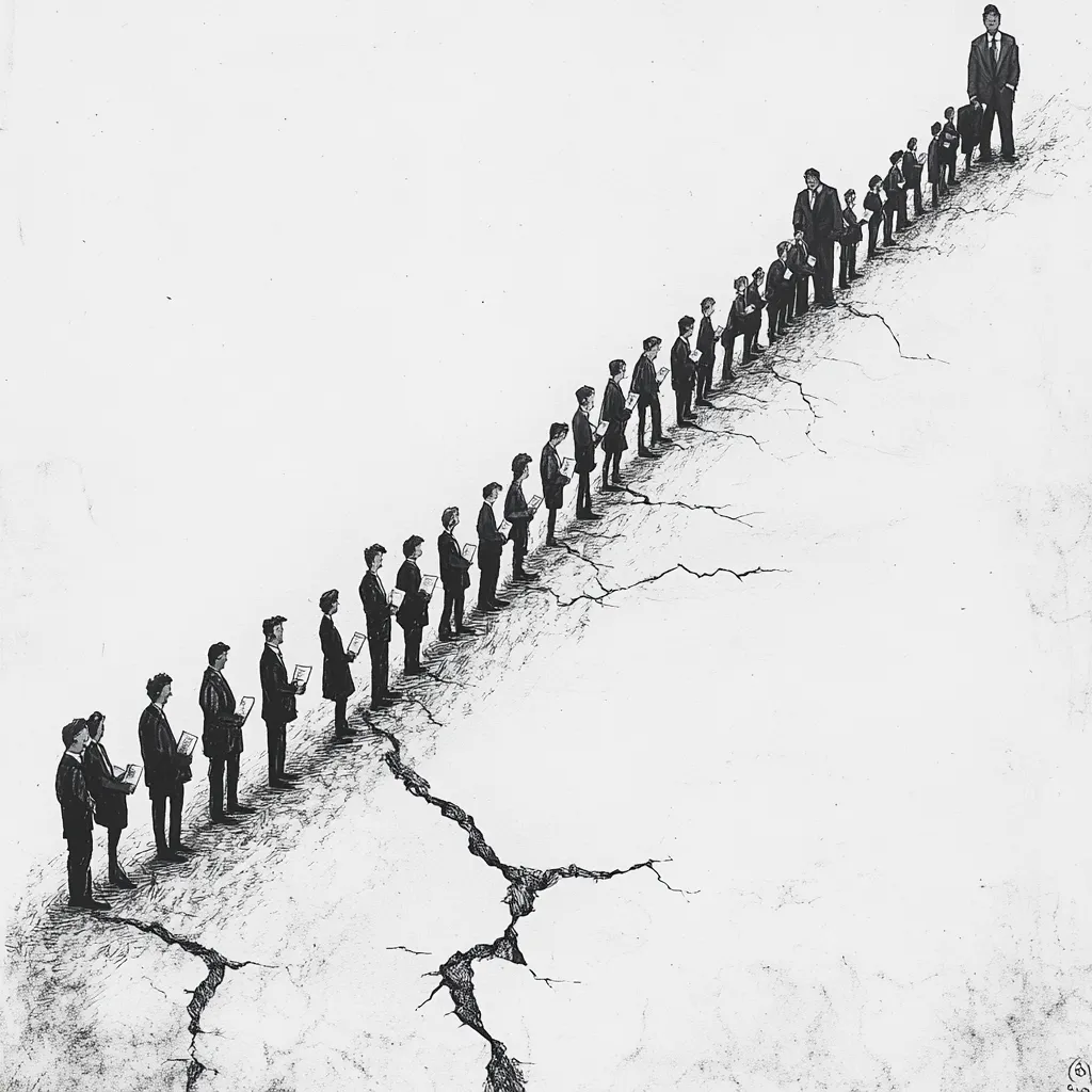 How to improve the hiring process: image depicts an illustrations of a line of people in work attire queuing up for an interview. Around them are large cracks in the ground.