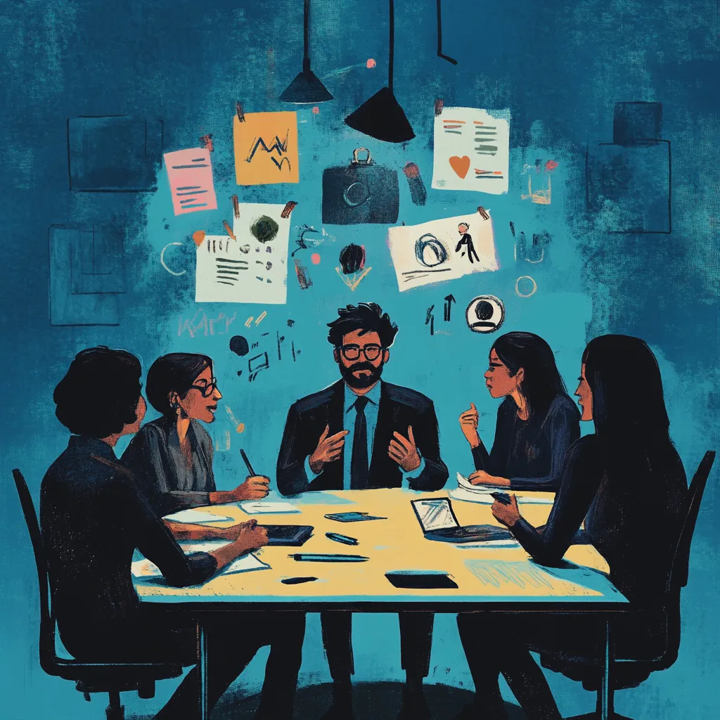 CEO communication: image departs an illustrations of a team sitting around a table. A CEO sits at the head of the table, above his head, post it notes and drawings are stuck to the wall.